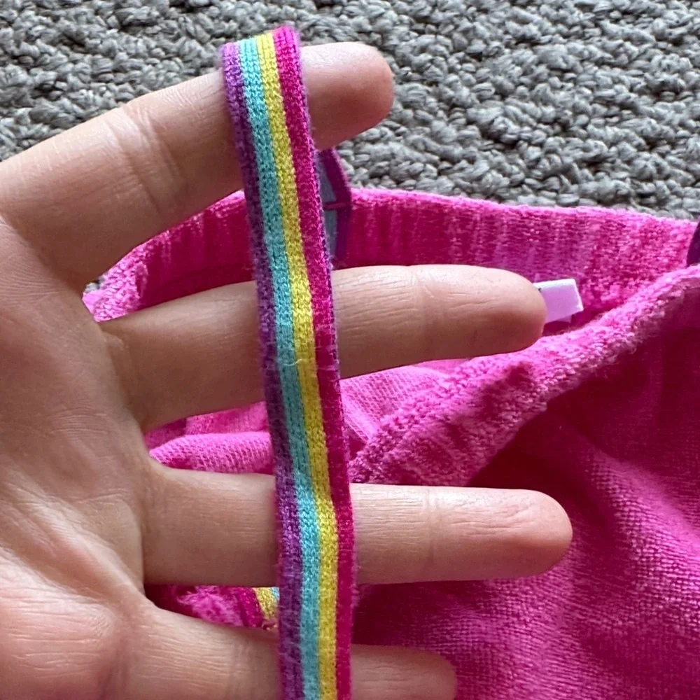 GAP Bright Pink Terry Romper with Rainbow-Trim Straps